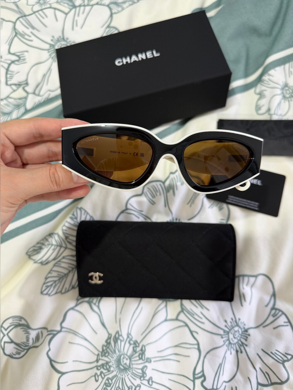 Chanel Cat-Eye Black and White Sunglasses with Brown Lenses